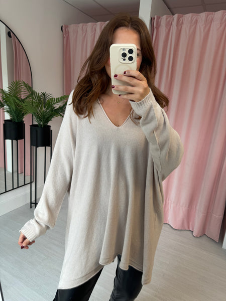 Slouchy V Neck Jumper  -  Cream