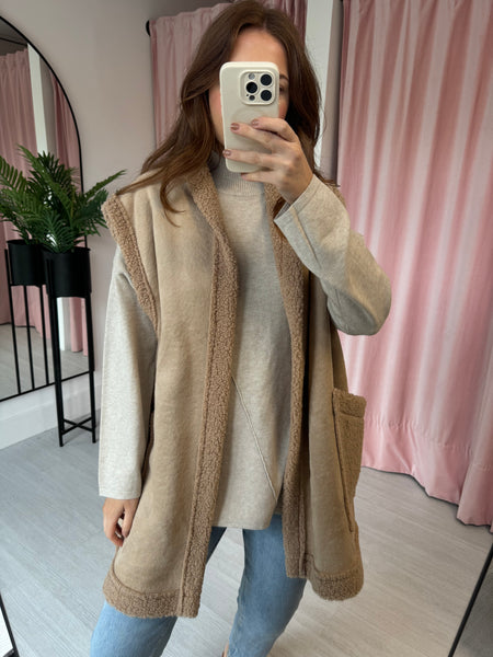 Shearling Lined Faux Suede Gilet - Taupe