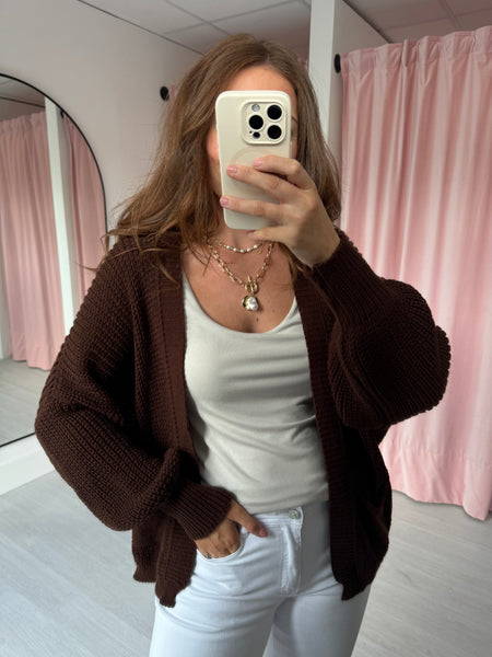 Balloon Sleeve Short Cardigan - Chocolate