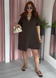 Cheesecloth Short Bubble Sleeve Dress - Brown