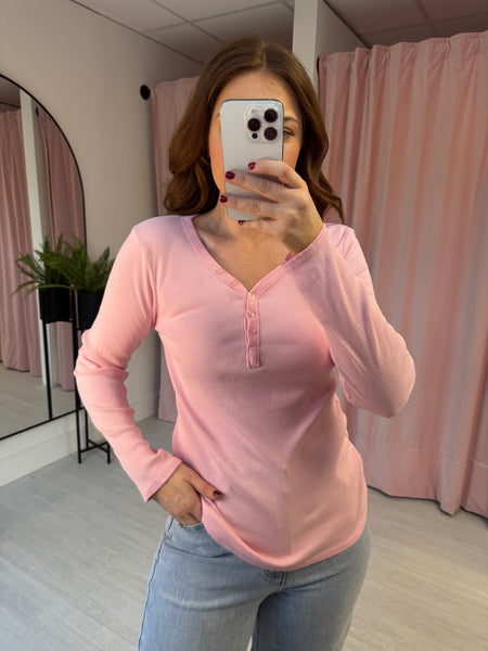 Button Front Rib Top - Pink