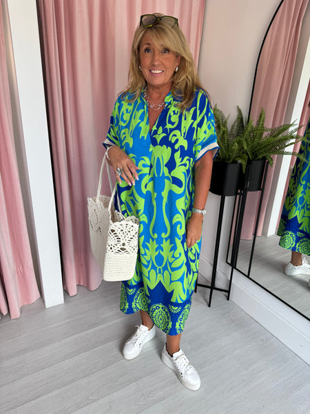 Swirly Print Dress - Green & Blue