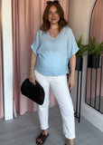 V Neck Cotton Top - Light Blue