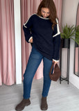 High Neck Contrast Edge Jumper - Navy