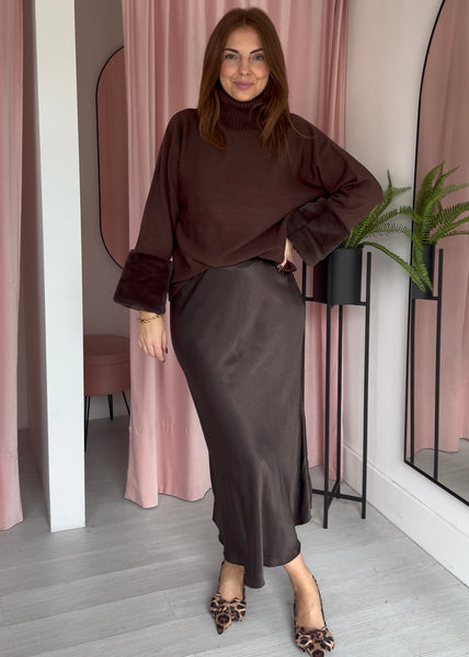 Roll Neck Faux Fur Cuff Jumper - Brown
