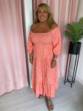 Leopard Shirred Cheesecloth Dress - Pink & Orange