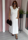 Ruched Deep Neckline Dress - White