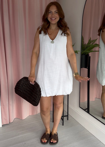 Bubble Hem Button Dress - White