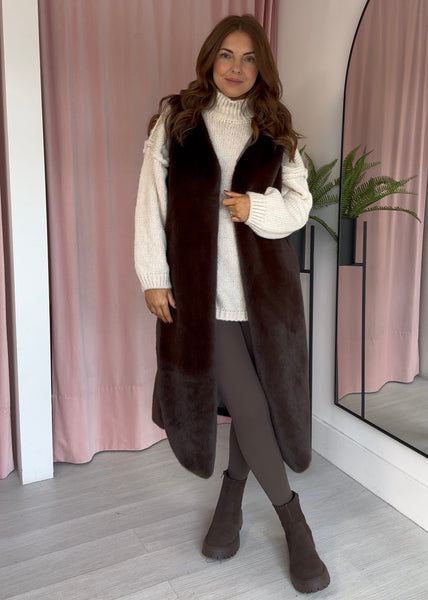 Faux Fur Longline Gilet - Brown