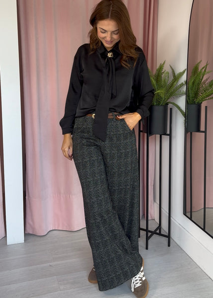 Wide Palazzo Trouser - Black Herringbone