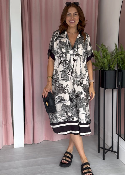 Jungle Print Collar Dress - Black