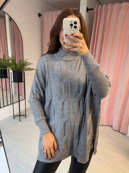 Cable Front High Neck Jumper - Grey