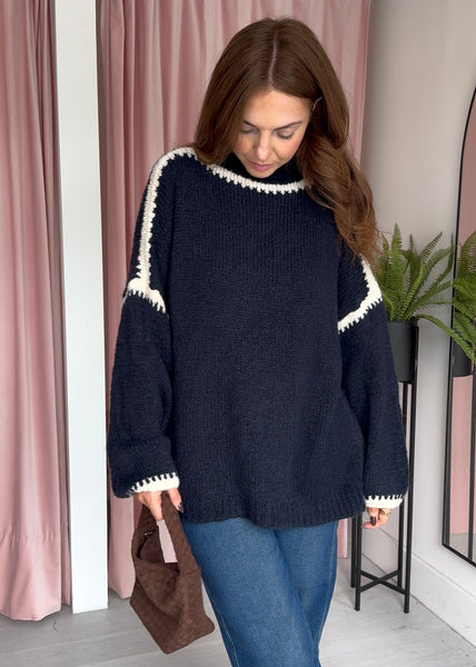 High Neck Contrast Edge Jumper - Navy