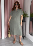 Tea Bag Linen Grandad Dress - Khaki