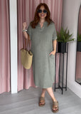 Tea Bag Linen Grandad Dress - Khaki