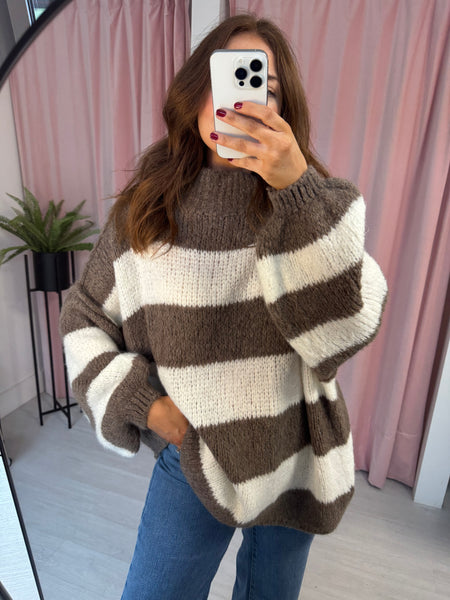 Stripey Jumper - Mocha & White