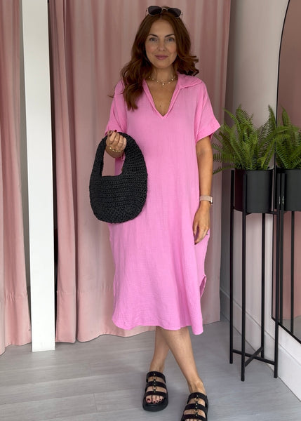 Cheesecloth Collar Dress - Pink