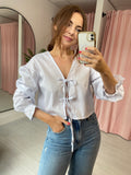 Bow Tie Up Crop Shirt - White