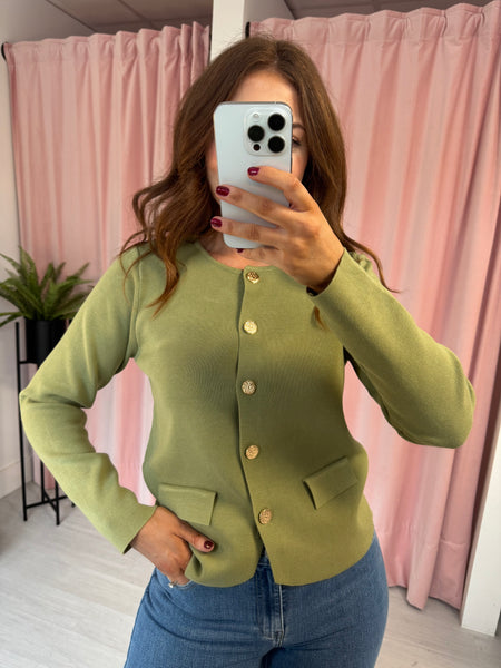 Gold Button Front Cardigan - Olive