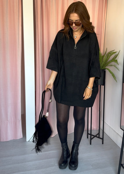 Zip Front Jumper Dress - Black