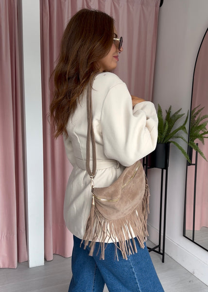 Faux Suede Tassel Sling Bag - Beige