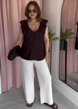 Ruched Deep Neckline Top - Brown