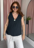 Bubble Hem Button Top - Black