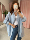 Oversized Stripe Cotton Shirt - Blue