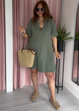 Cheesecloth Short Bubble Sleeve Dress - Khaki