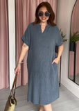 Tea Bag Linen Grandad Dress - Denim Blue