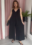 Gold Detail Pleat Front Jumpsuit - Black