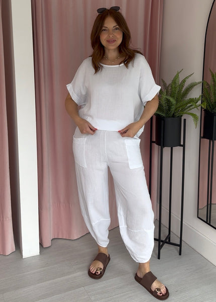 Cheesecloth Barrel Leg Co-ord - White