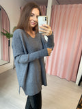 V-neck Ribbed Knit Tunic - Grey