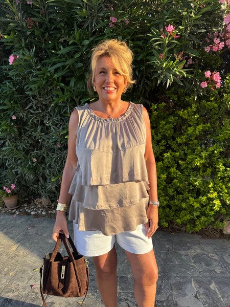 Satin Ruffle Top - Taupe