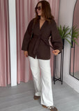 Collarless Tie Belt Jacket - Brown