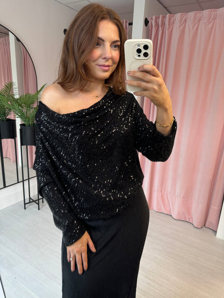 Sequin Cowl Neck Top - Black