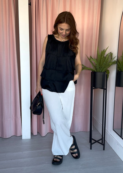 Satin Ruffle Top - Black