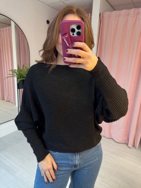 Rib Slash Neck Jumper - Black