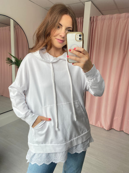 Broderie Hem Hoodie - White