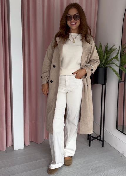 Faux Suede Trench Coat - Light Camel