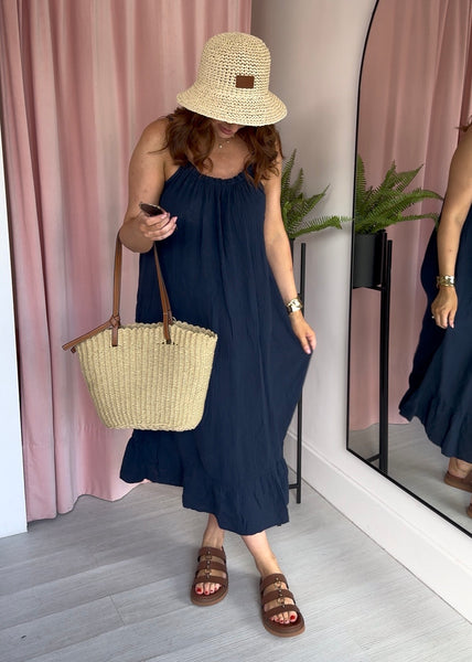 Cheesecloth Ruffle Hem Maxi Dress - Navy