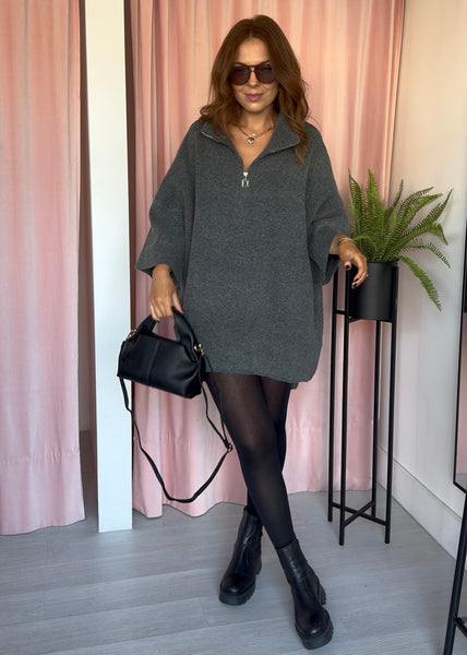 Zip Front Jumper Dress - Grey