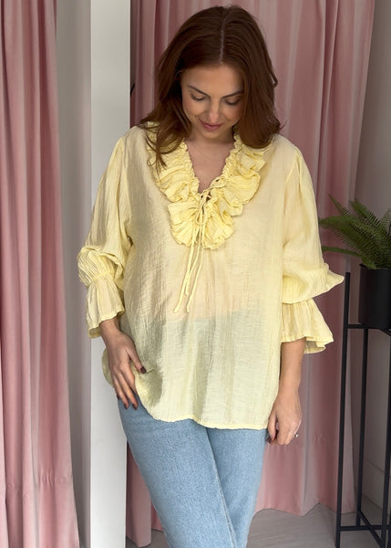 Ruffle V Neck Shirt - Lemon