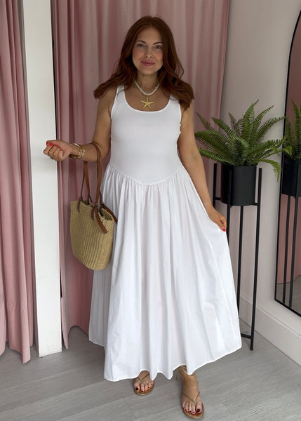 Leni Basque Waist Dress - White