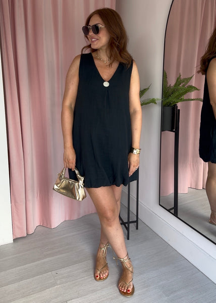 Bubble Hem Button Dress - Black