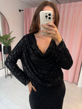 Sequin Cowl Neck Top - Black