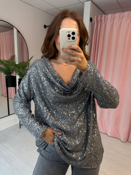 Sequin Cowl Neck Top - Grey