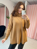 Fringed Hem Roll Neck Jumper - Camel