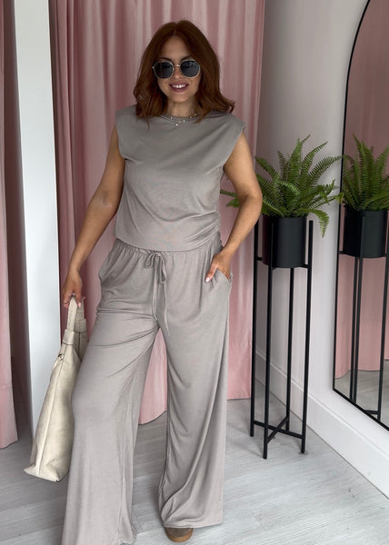 Soft Rib Wide Leg Trousers - Taupe