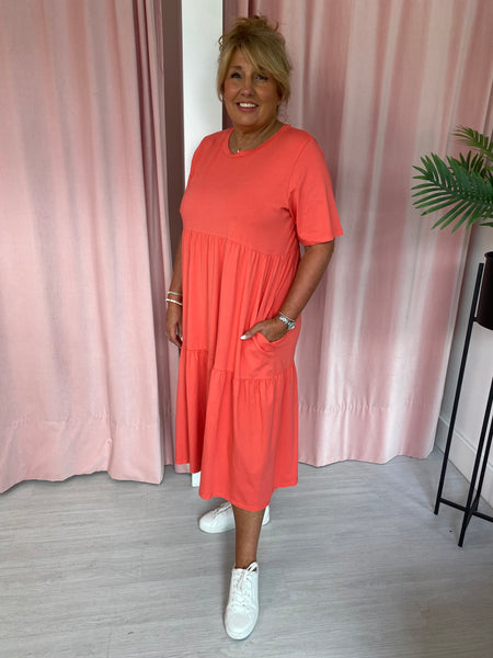 Tiered T-shirt Dress - Coral